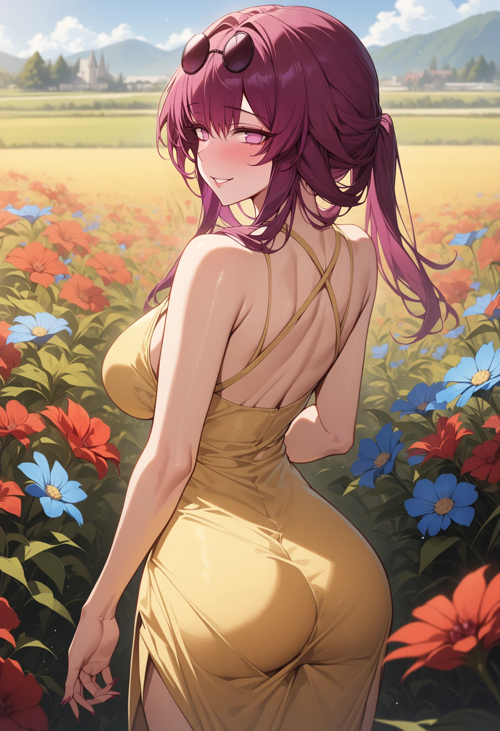 1girl, kafka, purple eyes, bangs, eyewear on head, yellow sundress, flowers, colorful flowers, red flowers, blue flowers, field, from behind, looking back, smile, blush, masterpiece, best quality, <lora:Kafka_Animagine:1>