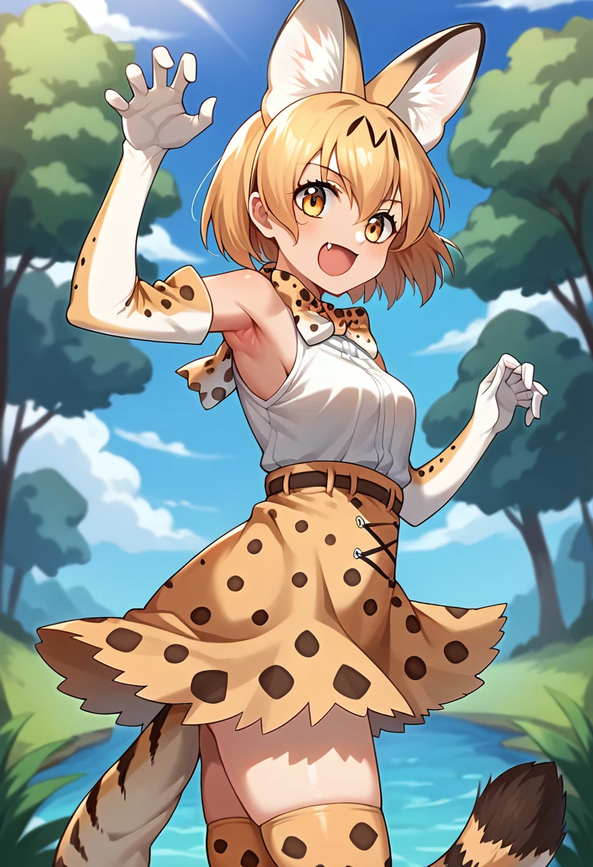 score_9, score_8_up, score_7_up, source_anime, masterpiece, 1girl, servalkemono, small breasts, print legwear, print gloves, print bowtie, tail, sleeveless shirt, high-waist skirt, looking at viewer, claw pose, fang, serval print, portrait, looking at viewer, from side, armpits, arched back, thighs, <lora:ServalPony:0.8>, outdoors, scenery,