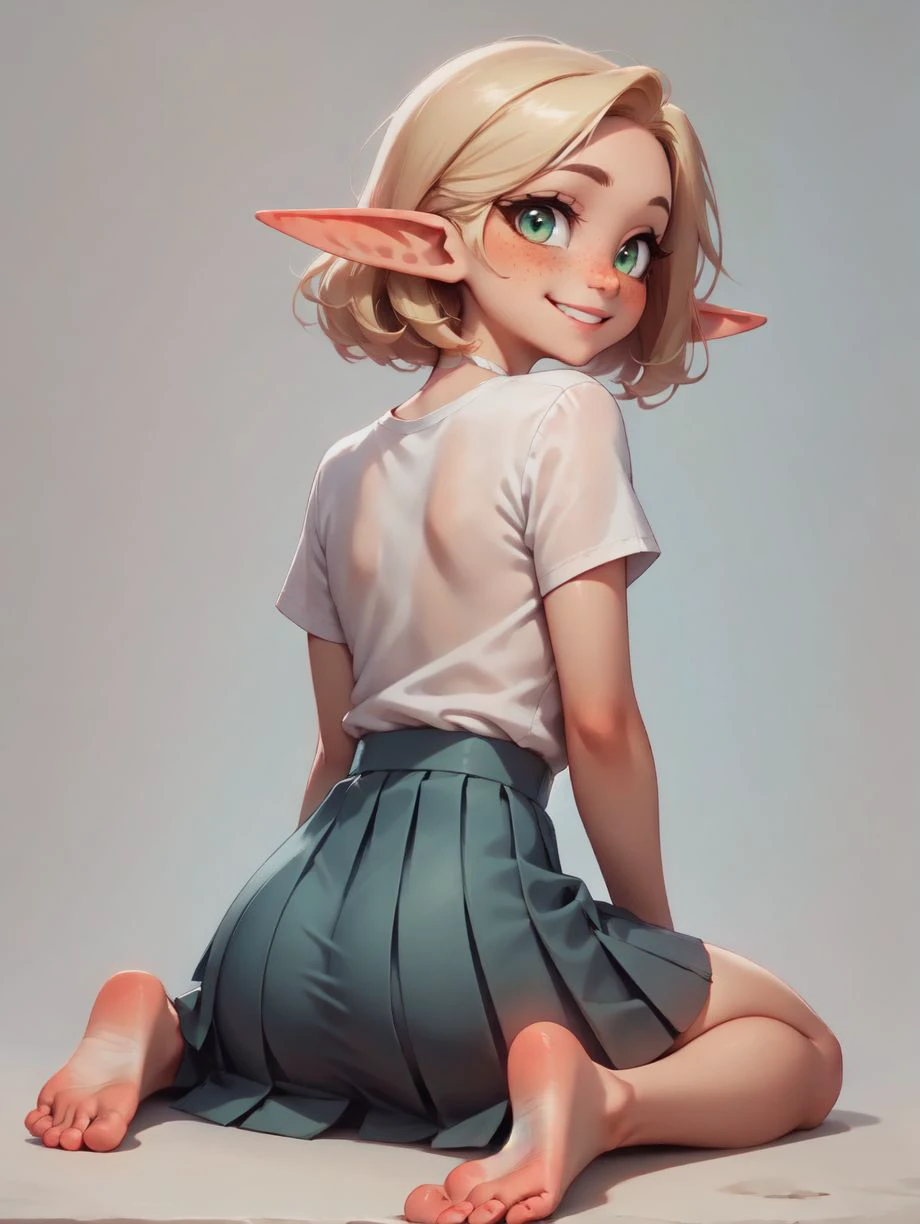 1girl, (wariza:1.1), cute face, white t-shirt, pointy ears, elf, short blonde hair, freckles, pale skin, bright green eyes, short pleated skirt BREAK View from behind, touching toes, turning back to smile at viewer, simple white background,