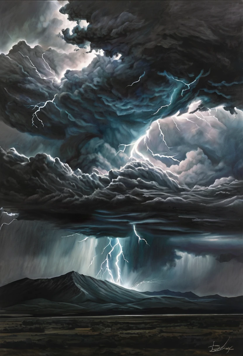 Dustin Lefevre, a pencil sketch, Elemental Chaos., lightning storm, wind blown, dramatic dark background