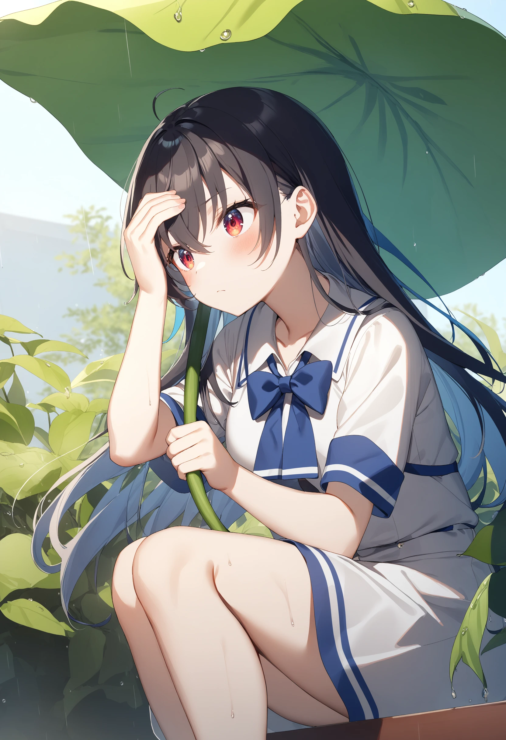 1girl,sincos, ningen mame, toosaka asagi,solo,medium breasts,
leaf umbrella, holding leaf, water drop, rain, outdoors, <lora:leafumbrella_XL_v1:0.8>
ceiling, feet out of frame, looking ahead, blue hair, red eyes,facepalm, on cruisers, closed mouth, bow-shaped hair,,
best quality, very aesthetic, absurdres