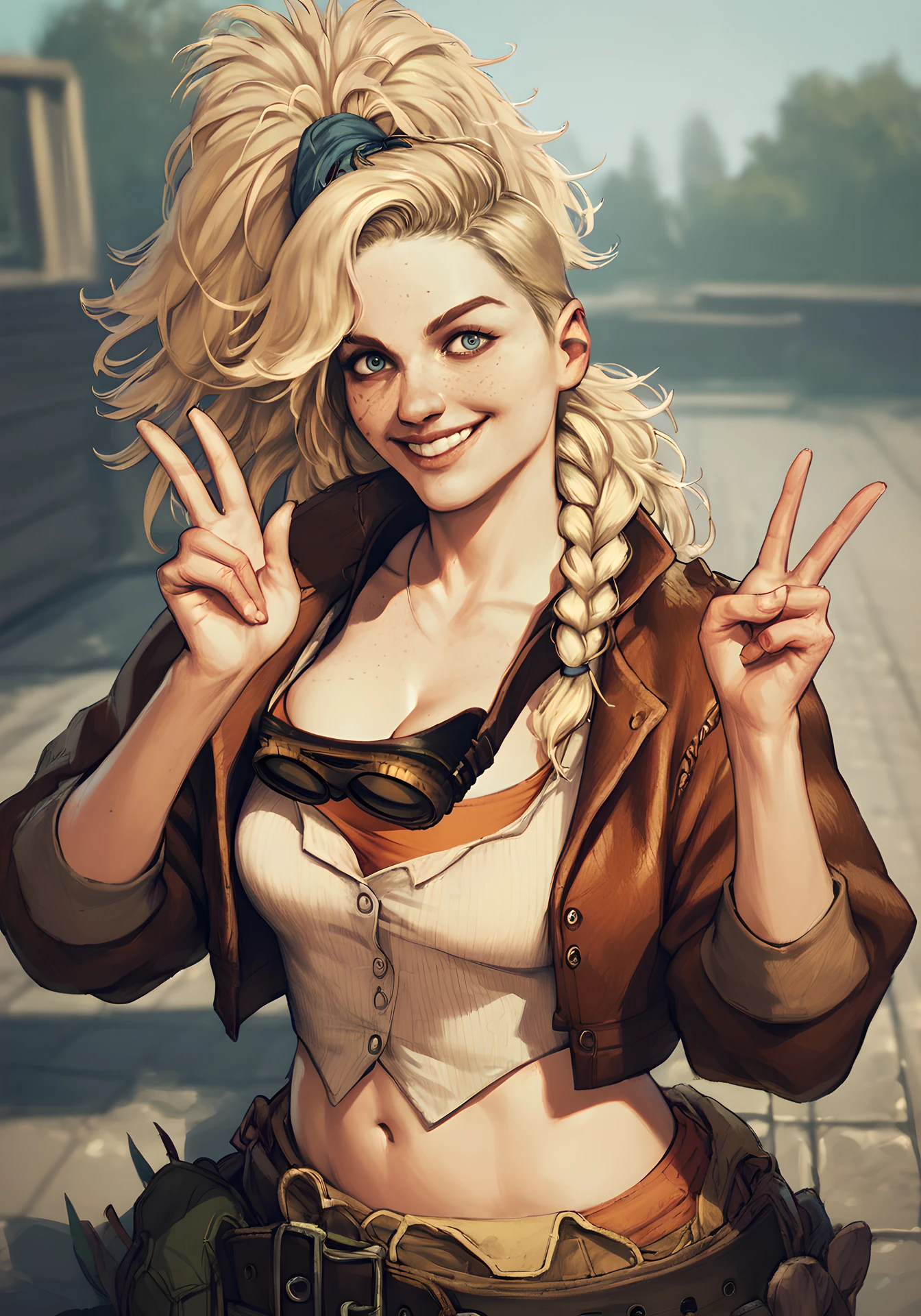 score_9, score_8_up, score_7_up, score_6_up, score_5_up, score_4_up, BREAK 
1girl, solo, mhwgemma, freckles,
 cowboy shot, realistic,
messy long hair, blonde hair, braid, looking at viewer, smile, v, peace_sign, 
brown jacket, ponytail, blue eyes, cleavage, goggles around neck, biege crop top, 
outdoors background,
 <lora:corneo_mhw_gemma:1>