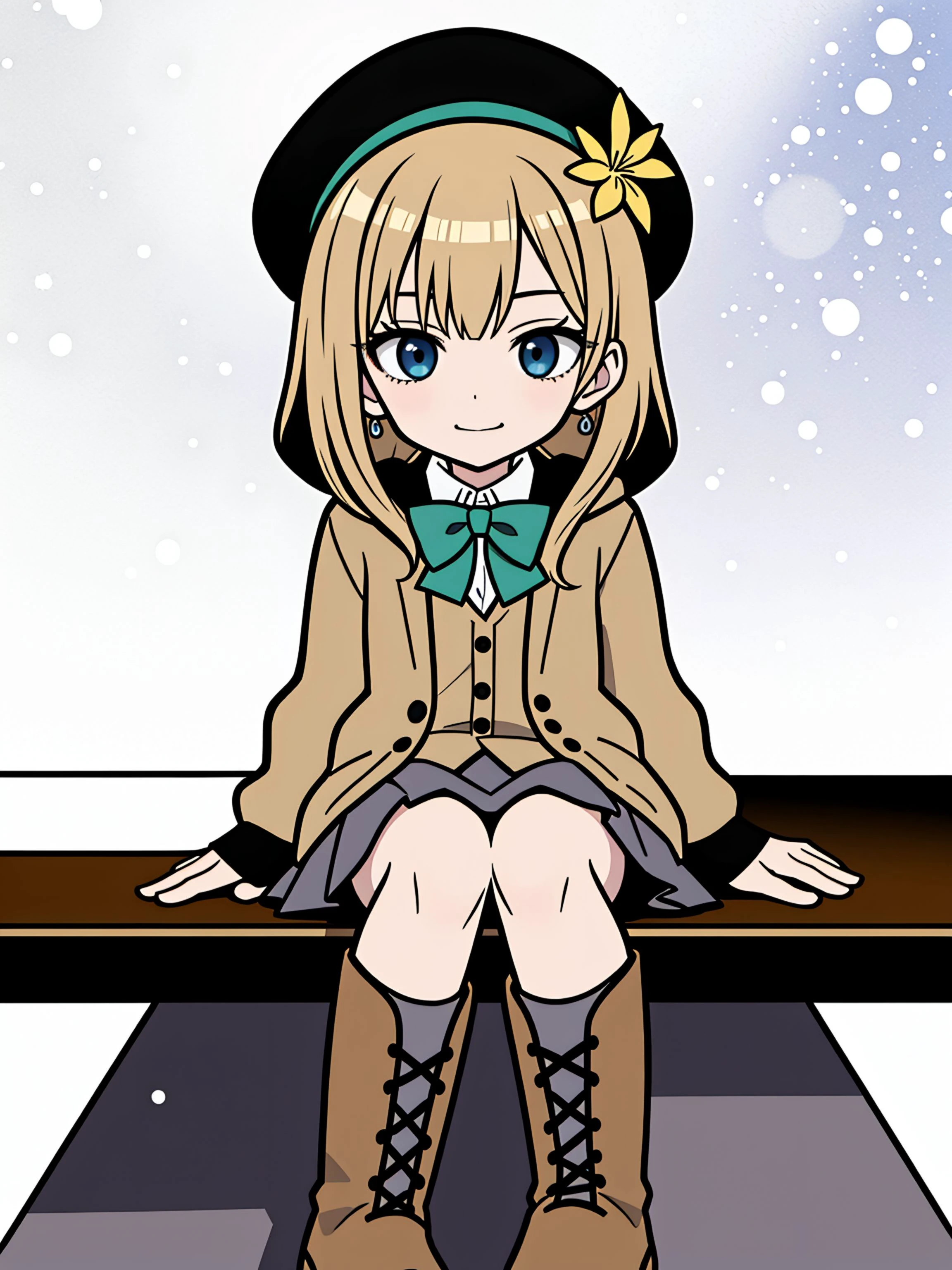 (masterpiece), (best quality), (ultra-detailed), very aesthetic, illustration,gyaru,
white_background,simple background,, 1girl, bow, bowtie, brown jacket, brown headwear, brown shirt, center frills, collared shirt, floral print, glint, grey shirt, grey skirt, green vest, grimace, headlamp, heart earrings, hooded cardigan, jacket, kneehighs, laughing, knee boots, lace-up boots, light frown, light smile, lapels, lily \(flower\), long fingers, mini person, minigirl, pendant, pov, scrunchie, sandals, shirt, shoes, sitting on desk, skirt, smile, socks, snowing, sparks, stained glass, thigh boots, turtleneck, underwear only, turtleneck dress, two-tone vest, yellow bow
