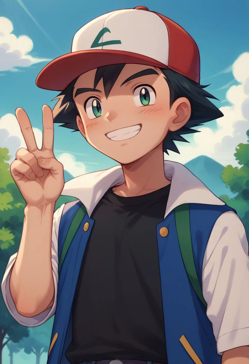 score_9, score_8_up, source_anime, highly detailed, 1boy, solo, skinny, human_child
ash3, 1boy, hat, male focus, baseball cap, black hair, jacket, shirt, black shirt, smile, v sign, grin,
outdoor,