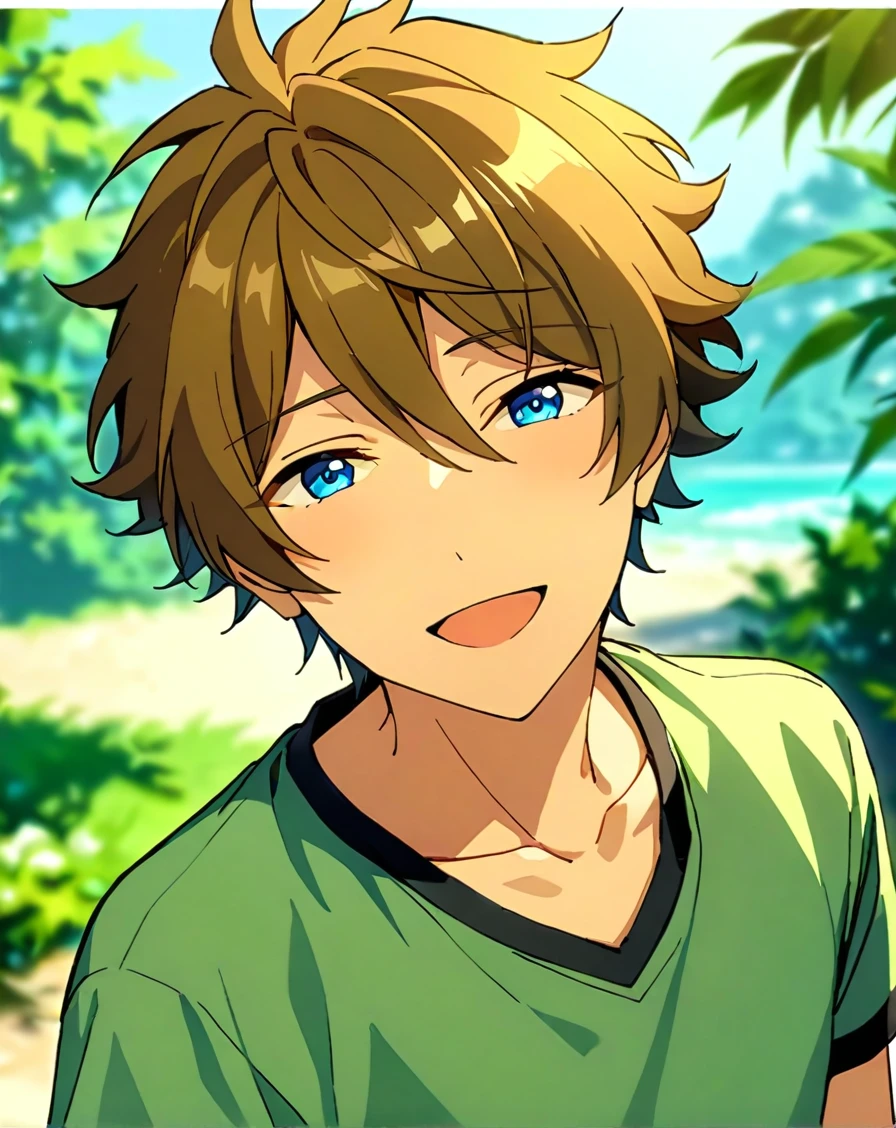 masterpiece, best quality, very aesthetic, absurdres, very detailed, depth of field, ((1boy, solo, male only, male focus, upper body)), (takamine_midori, brown hair, blue eyes, short hair, hair between eyes, bangs), happy, looking at viewer, facing viewer, collarbone, outdoors, <lora:Lightning-8:1>, <lora:takamine_midori_sdxl_lora:0.74>