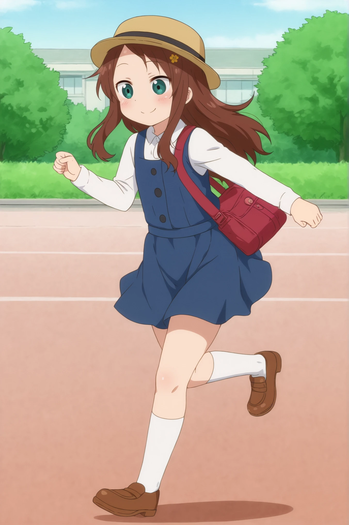 <lora:Riko_Saikawa:0.7> Riko Saikawa, 1girl, solo, long_hair, blush, smile, shirt, long_sleeves, dress, hat, closed_mouth, school_uniform, white_shirt, outdoors, shoes, socks, bag, kneehighs, white_socks, running <lora:sdxl_lightning_4step_lora:1>