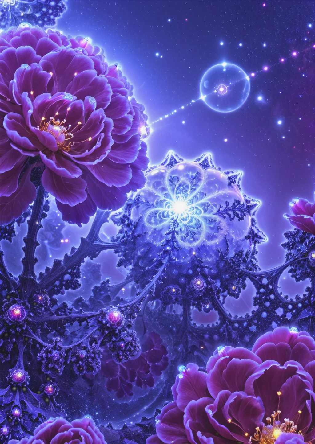 closeup zoom,(macro:1.3) photo,(mandelbulb fractal:1.3) sparkling magical fantasy opalescent peonia,condensation,effervescent,detailed,intricate,key light,backlight,fill light,three-point lighting, nebulae bubbles,<lora:mandelbulb0XL:0.8>