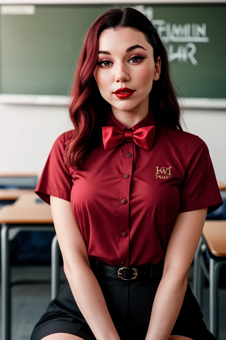 gracecurrey, ((red lipstick, blush)), (epic), ,photo of a woman, RAW,   ((bowtie, shirt)),((short hair)), ((classroom, sitting)), slim body,  8k uhd, dslr, soft lighting, high quality, film grain, Fujifilm XT3 sharp focus, f 5.6,((red lipstick, blush)) , slight smile