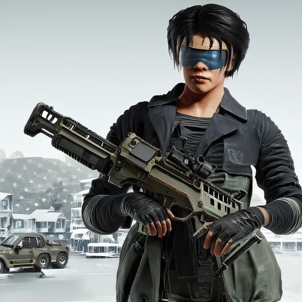 ying, ying \(rainbow six siege\),ying elite \(rainbow six siege\), 1girl,solo,short hair,black hair,gloves,jacket,weapon,fingerless gloves,gun,sunglasses,realistic,assault rifle,trigger discipline,submachine gun,shotgun