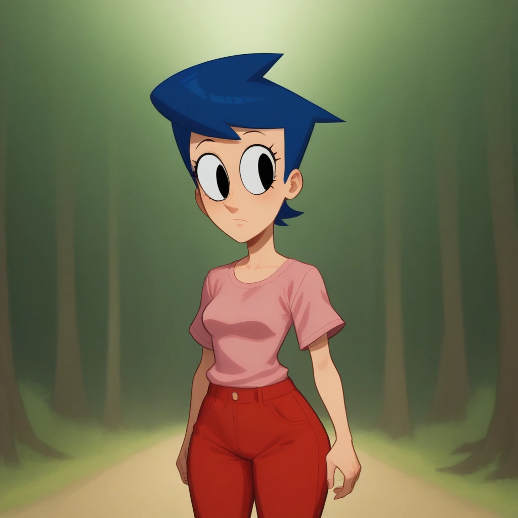 score_7_up, BREAK, Darla, 1girl,  solo, blue hair, black eyes, pink shirt, red pants,  <lora:Darla_GetBlake_PXL_Leaf1:1>, cowboy shot, forest,