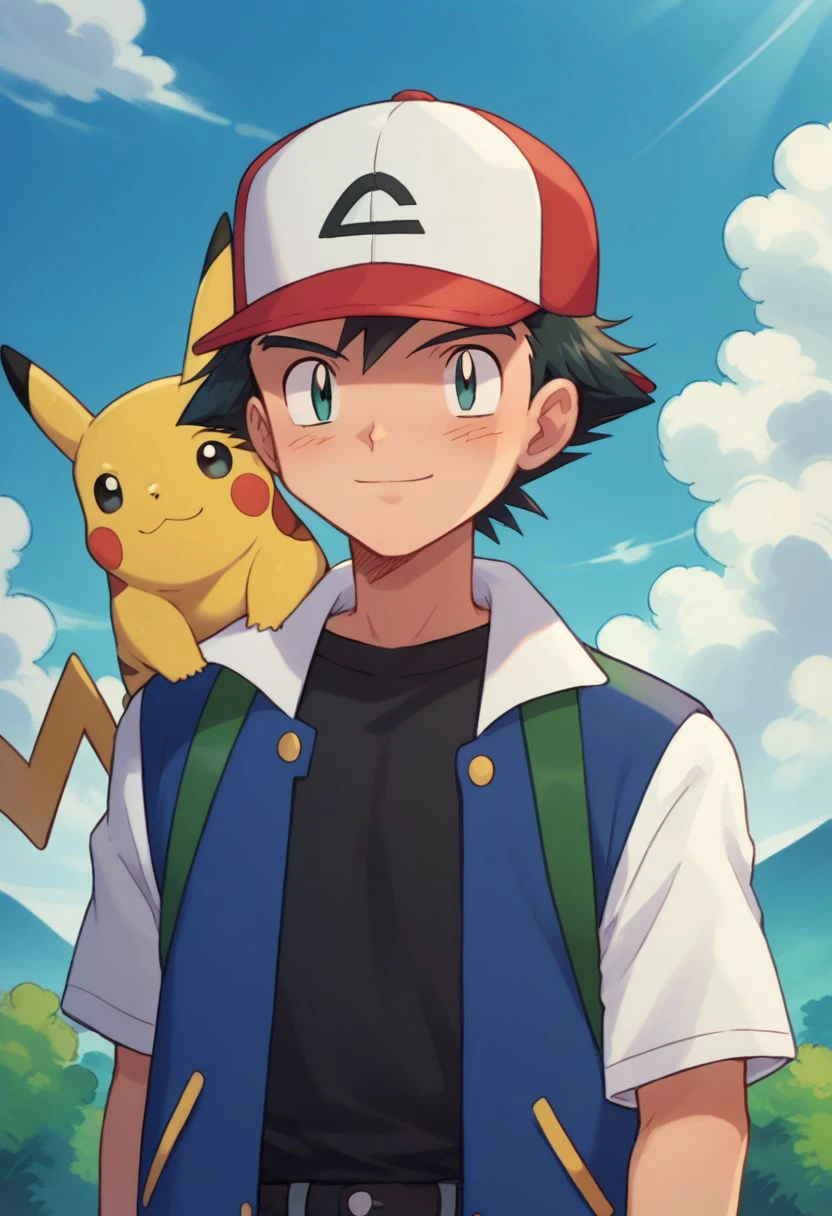 score_9, score_8_up, source_anime, highly detailed, 1boy, solo, skinny
ash3, 1boy, pokemon (creature), hat, male focus, baseball cap, black hair, day, on shoulder, jacket, shirt, black shirt, sky, pokemon on shoulder, smile,
outdoor,