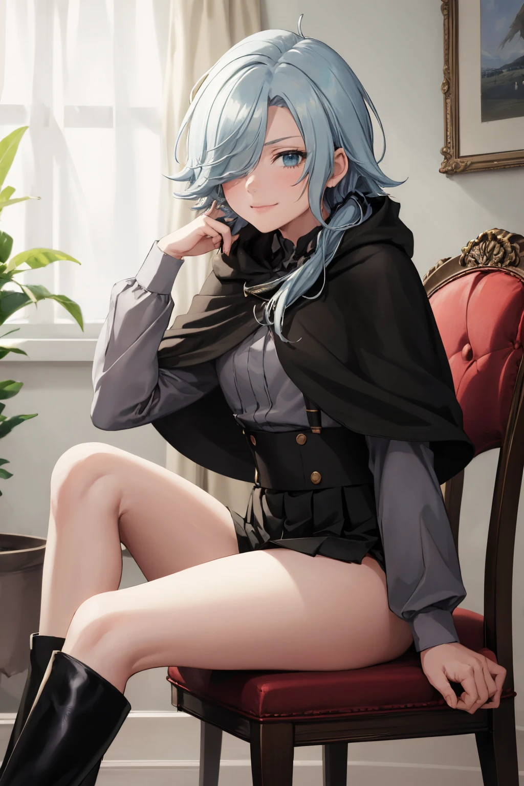 masterpiece, best quality, absurdres, 1girl, solo, MonikaGlint, hair over one eye, low ponytail, black capelet, grey shirt, long sleeves, suspender skirt, black boots, smile, sitting, on chair, indoors, <lora:MonikaGlint:1>