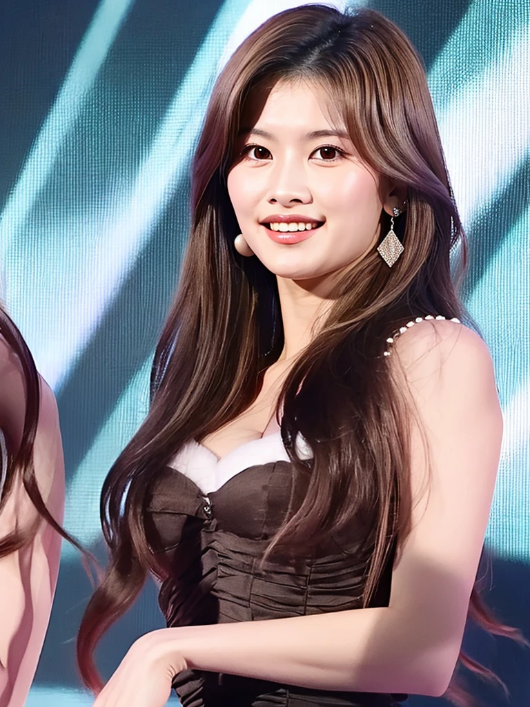 High Resolution, Super detail, Ray tracing, FPV, Accurate, 30 years old Korean Woman, Very long black hair, With makeup, Blush, Light smile, White skin, Supermodel body shape, Yellow color dress, At the show.