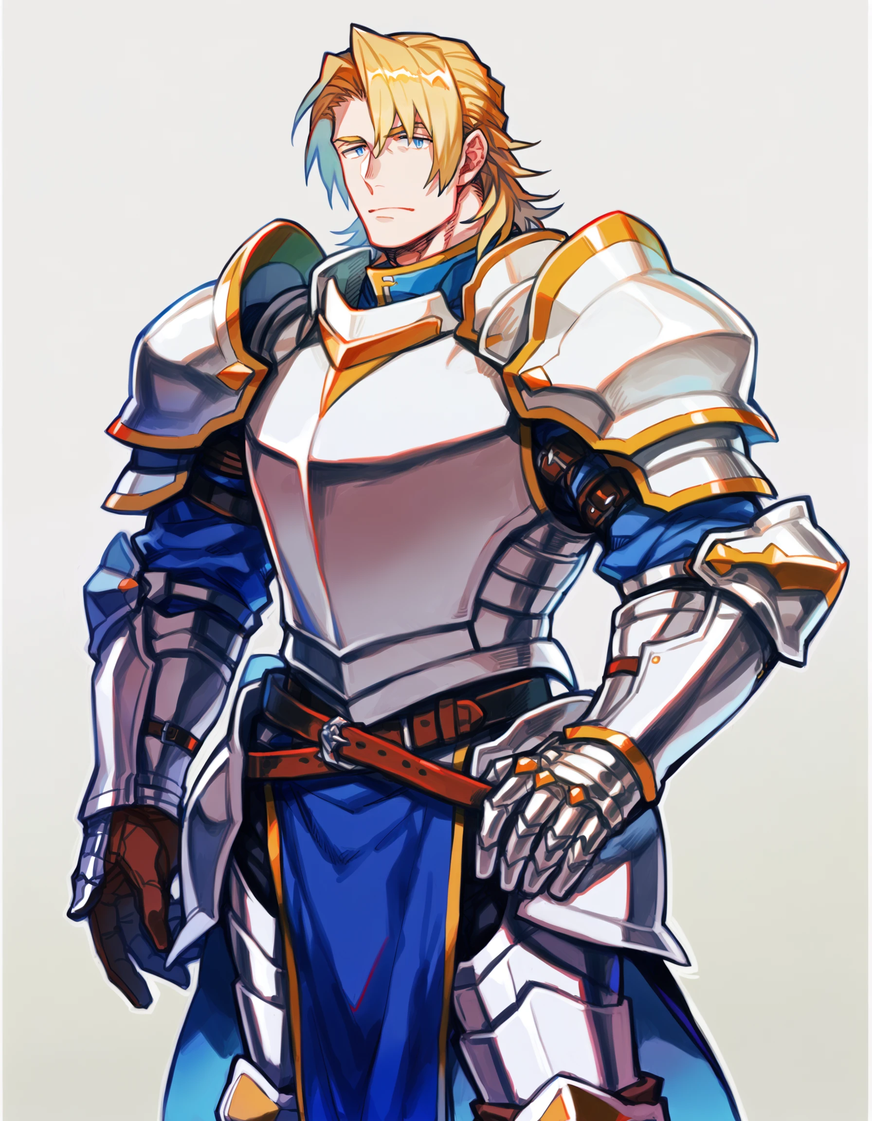 1boy, solo, male focus, abs, bara, blonde hair, medium hair, blue eyes, armor, full armor, gauntlets, shoulder armor, standing, breastplate, pauldrons, greaves, boots, blue inner, belt, pelvic curtain, knight, cowboy shot, yoisyo, <lora:yoisyo_male_pony:1>