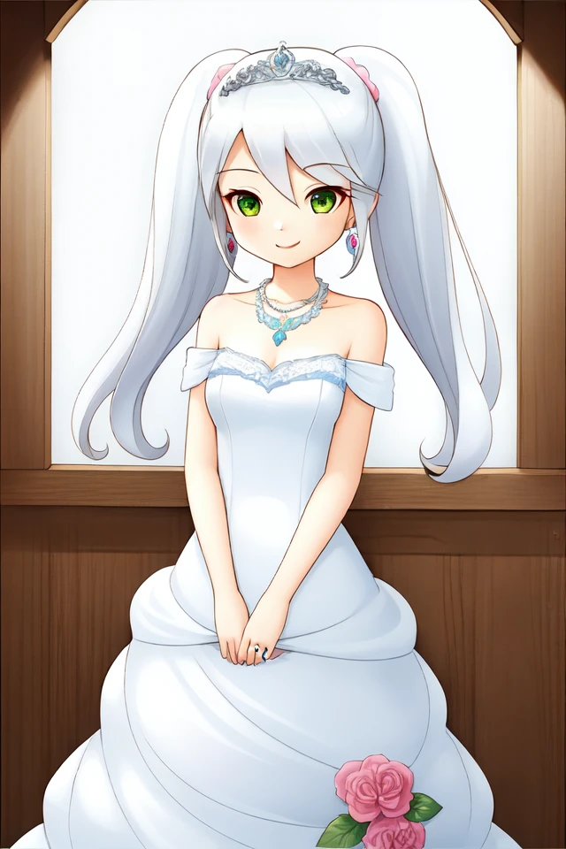 1 girl, indoors, church, standing, smile,
<lora:Harvest_Moon_Hero_of_Leaf_Valley_-_Alice:0.5> holvalice, white hair, twintails, pink scrunchies, green eyes, earrings, necklace,
tiara, earrings, necklace, wedding dress, white dress, bare shoulders, sleeveless dress,