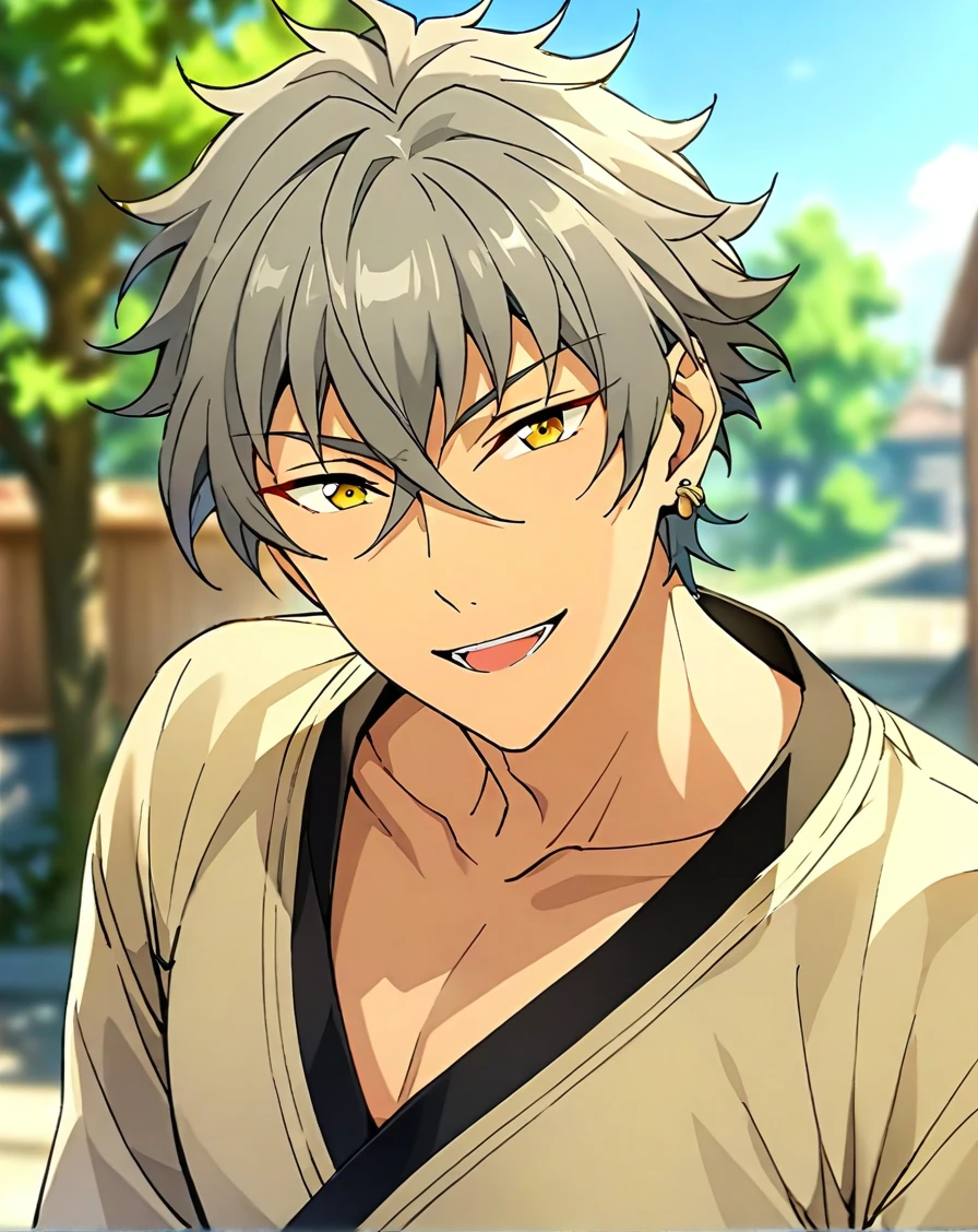 masterpiece, best quality, very aesthetic, absurdres, very detailed, depth of field, blurry background, ((1boy, solo, male only, male focus, upper body, adult)), (oogami_koga, gray hair, yellow eyes, short hair, hair between eyes, bangs, earring on left ear), happy, looking at viewer, facing viewer, collarbone, outdoors, <lora:Lightning-8:1>, <lora:oogami_koga_sdxl_lora:0.74>