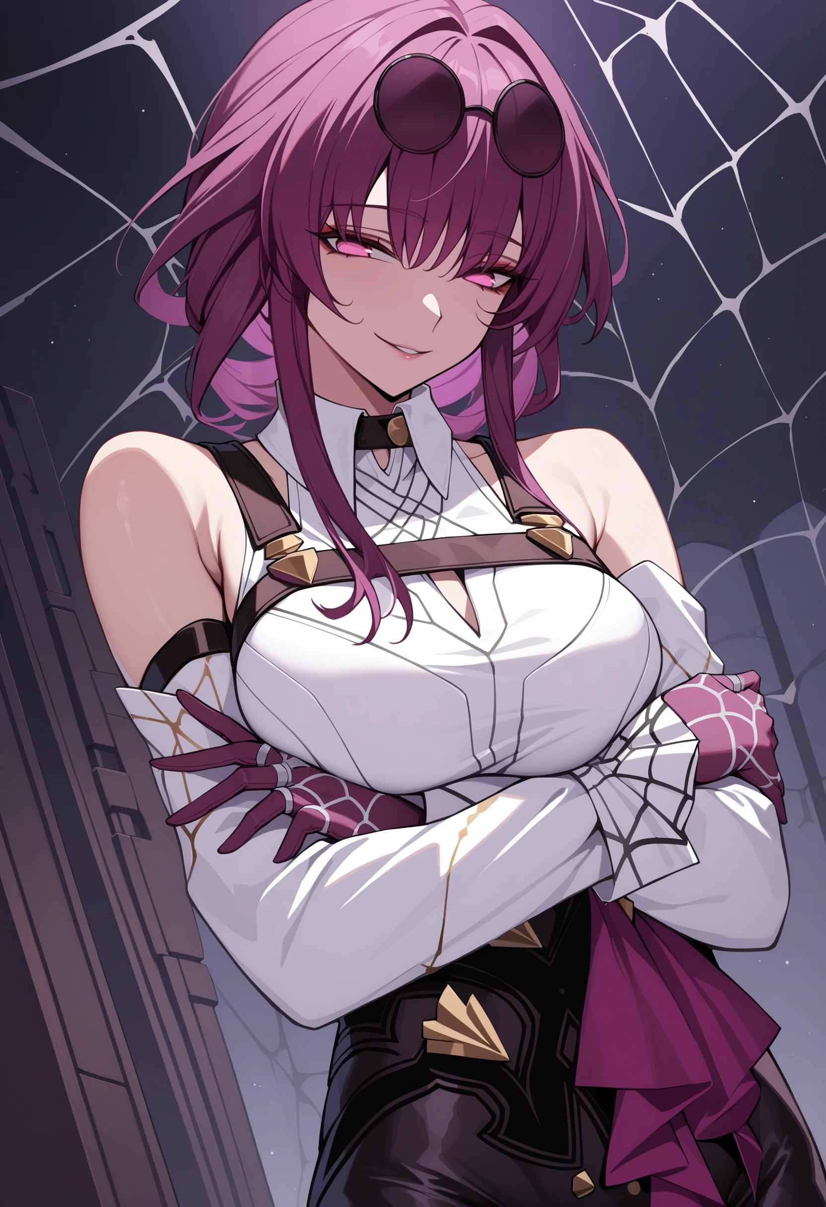 1girl, kafka, purple eyes, bangs, eyewear on head, collared white shirt, long sleeves, black shorts, purple gloves, seductive smile, indoors, gloves, upper body, crossed arms, bare shoulders, spider web, masterpiece, best quality <lora:Kafka_Animagine:1.0>, from below,