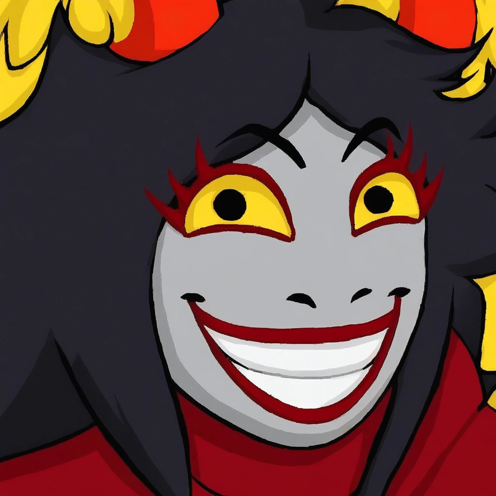 Aradia Megido, grey skin, long black hair, yellow sclera, red irises, close up, headshot, smile, grin, wide smile, unnerving smile, goat eyes