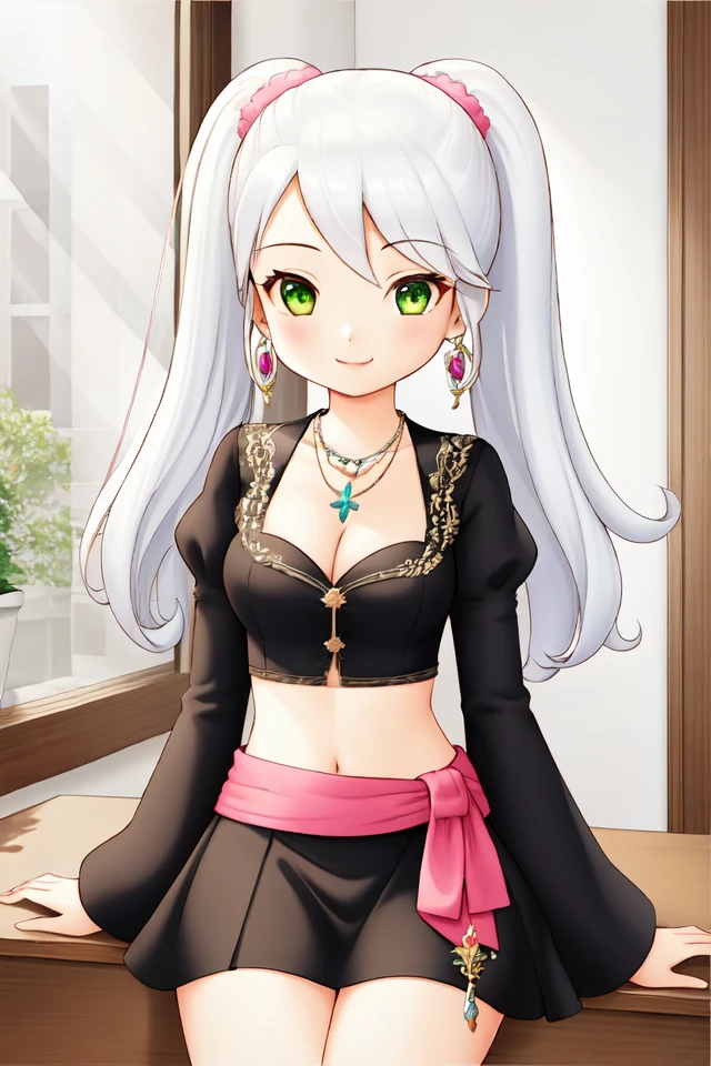 1 girl, indoors, office, desk, sitting, smile,
<lora:Harvest_Moon_Hero_of_Leaf_Valley_-_Alice:0.5> holvalice, white hair, twintails, pink scrunchies, green eyes, earrings, necklace,
black crop top, juliet sleeves, long sleeves, brooch, midriff, cleavage, short skirt, black skirt, waist bow, pink bow,