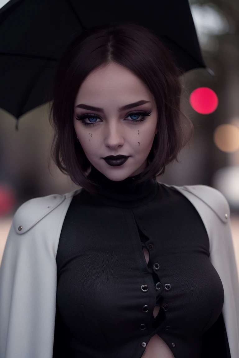 <lora:sarahmachan-10:0.6>,, sarahmachan, ((detailed eyes, beautiful eyes, detailed face, beautiful face):1.2), (epic) ,photo of a woman, RAW, ((black turtleneck bodysuit, cape)),((cowboy shot, waist, hips, thighs)), ((short hair, dark red hair)), ((outdoors, detailed scifi city, walking)), , ((detailed skin, detailed face):1.2), ((detailed eyes, beautiful eyes)), 8k uhd, dslr, soft lighting, high quality, film grain, Fujifilm XT3 sharp focus, f 5.6,((black lipstick, heavy eyeliner, heavy eye shadow, goth makeup, pale skin)) , smiling