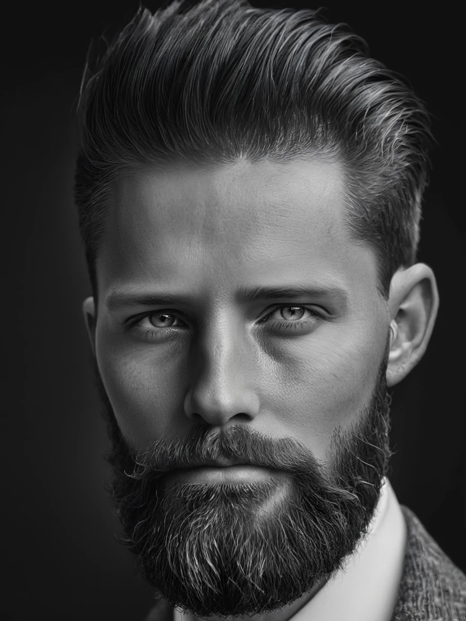 <lora:é²å䏿´¾@é»ç½æå½±SDXL:1>Black and white photographyï¼Gen X males, whites, Americans, direct looking. Stylish, with a well-maintained beard. Pride and contentment. At a local coffee shop. Use beard oil. ((Master work: 1.5), National Geographic Photo, Award Winning Photo, Realism, Excellent Work, Highest Quality, Rich Detail, Panorama, Clarity, High Contrast. (Film Grain: 1.4), Film Lighting, Face Close-up, Clear Pores, Black Background (Realistic: 1.2), Black and White Portrait. The best quality, masterpieces, super high resolution. ï¼