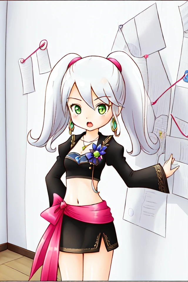 1 girl, indoors, office, standing, shouting,
<lora:Harvest_Moon_Hero_of_Leaf_Valley_-_Alice:0.6> holvalice, white hair, twintails, pink scrunchies, green eyes, earrings, necklace,
black crop top, juliet sleeves, long sleeves, brooch, midriff, short skirt, black skirt, waist bow, pink bow,
<lora:meme-pepesilvia:1> pepesilviameme, wall, paper,