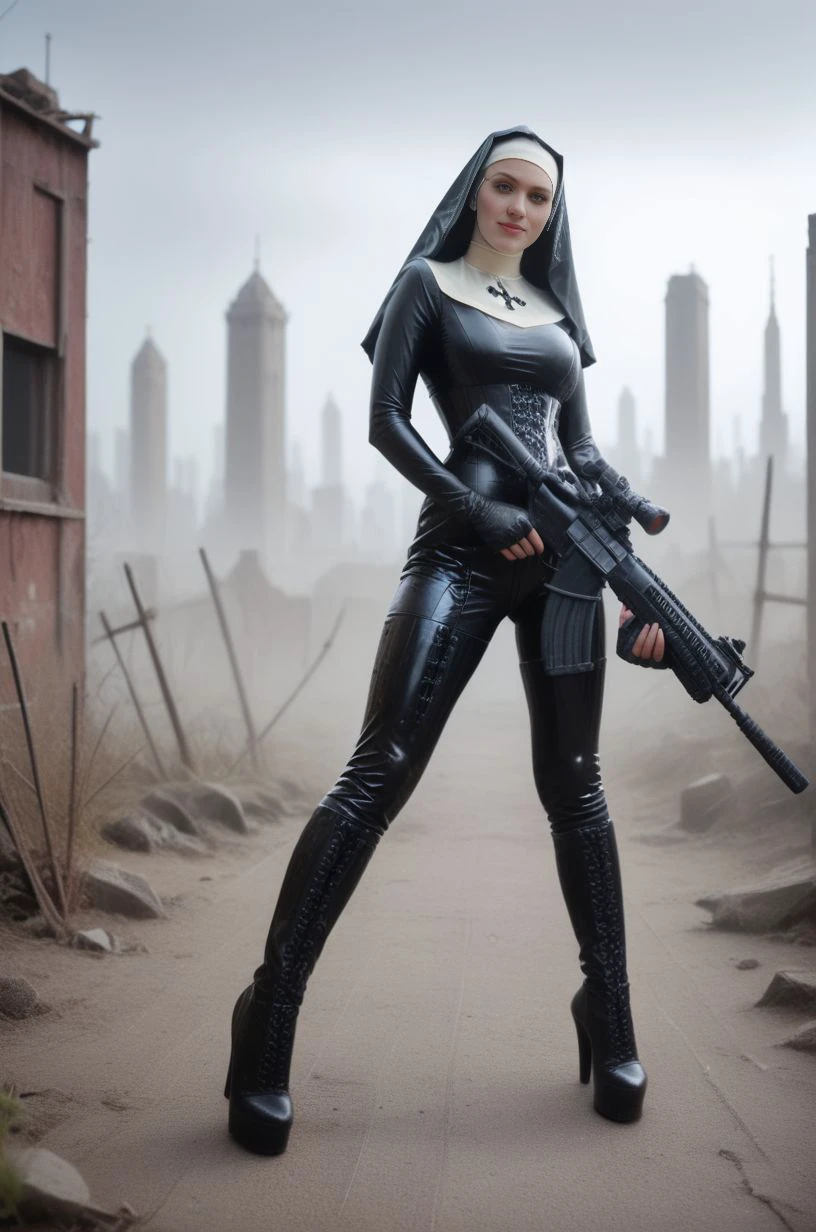 woman,weapon,full body,looking at viewer,smile,(action:1.2),(shell casing:1.2),wasteland,alien environment,dark studio,rim lighting,<lora:add_detail:0.3>,<lora:The_Saints_from_Hitman_for_Pony-000009:1>,thesaints,nun,latex nun,assault rifle,