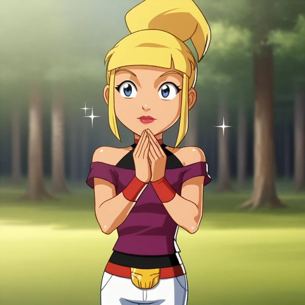 score_7_up, BREAK, 1girl, solo, Tami, blonde hair, high ponytail, blue eyes, lipstick, shirt, off shoulders, white pants, wristband,  <lora:Tami_SpieZ_PXL_Leaf1:1>, cowboy shot, blurry background, sparkle background, forest,