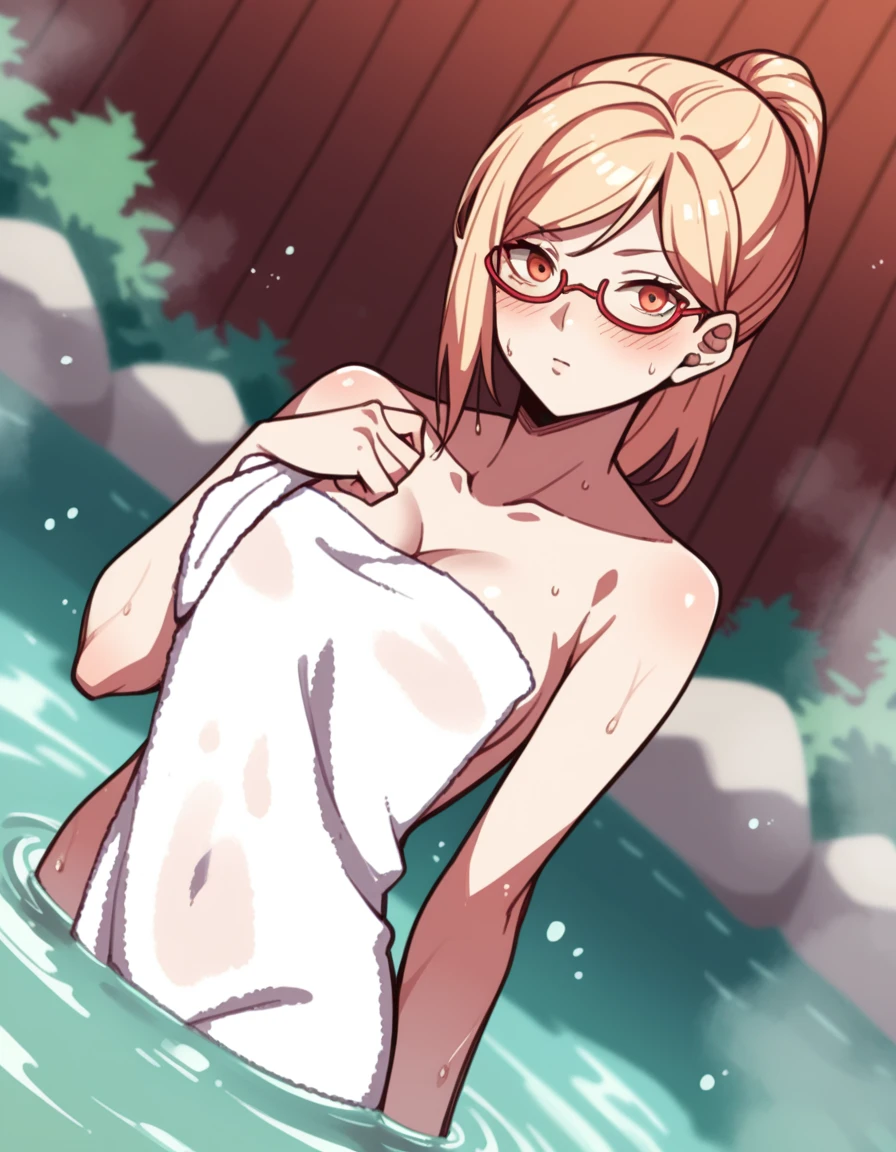 score_9, score_8_up, score_7_up, source_anime,
kaedeakiyama, <lora:kaede-akiyama-s1s2-ponyxl-lora-nochekaiser:1>,
kaede akiyama, blonde hair, ponytail, orange eyes, glasses, semi-rimless eyewear, red-framed eyewear,
nude, naked,
outdoors, onsen, towel, naked towel, steam, bathing, nude cover, partially submerged, water, bath, steam censor, wet towel, blush,
looking at viewer, dutch angle, cowboy shot, solo,