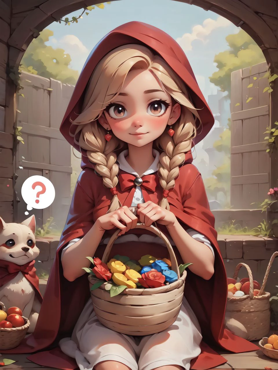little red riding hood, holding a wooden basket, twin braids, ?,