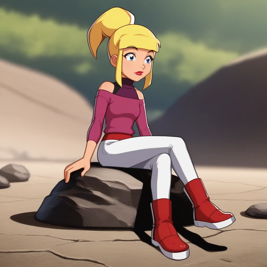 score_7_up, BREAK, 1girl, solo, Tami, blonde hair, high ponytail, blue eyes, lipstick, pink shirt, off shoulders, sleevess turtleneck, white pants, <lora:Tami_SpieZ_PXL_Leaf1:1>, sitting on rock, blurry background, red footwear,