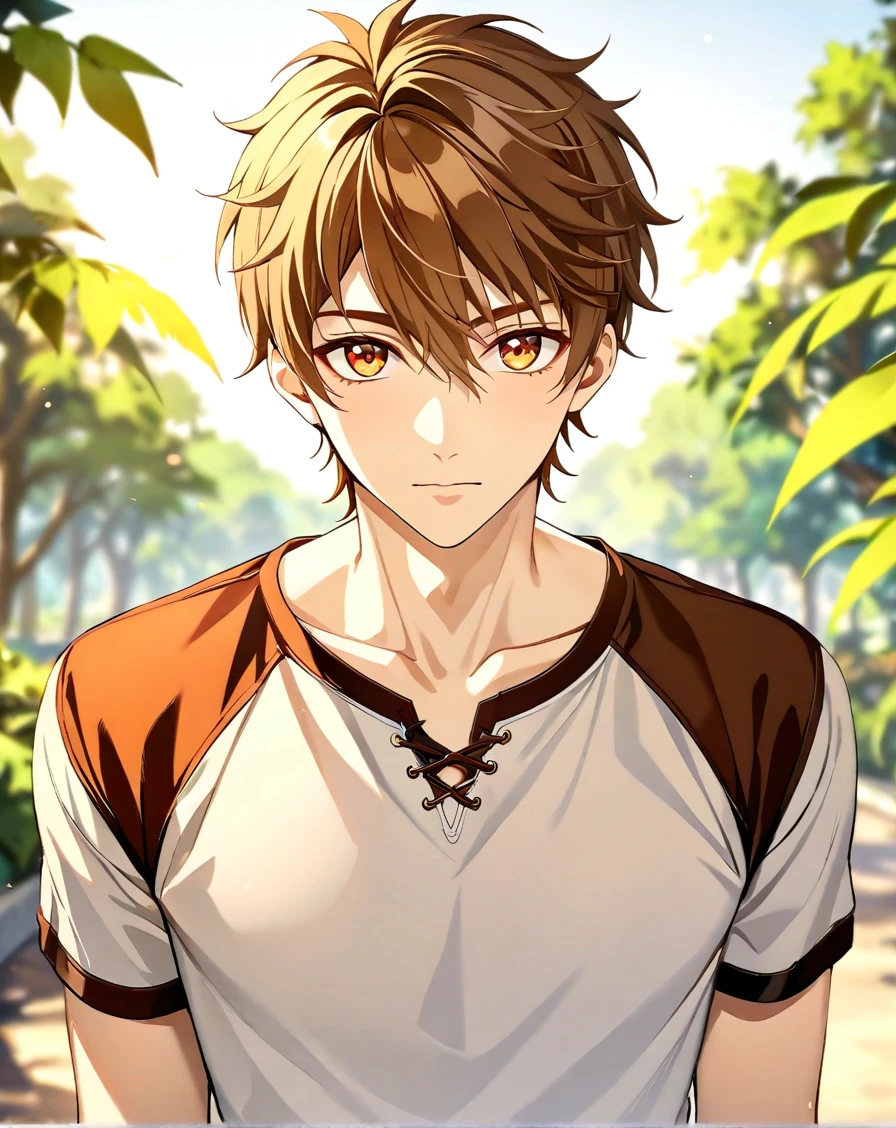 masterpiece, best quality, very aesthetic, absurdres, very detailed, depth of field, ((1boy, solo, male only, male focus, upperbody)), (luke_pearce, 1boy, brown hair, amber eyes, short hair, hair between eyes, bangs), looking at viewer, facing viewer, collarbone, outdoors, <lora:luke_sdxl_lora:0.74>, <lora:Lightning-8:1>
