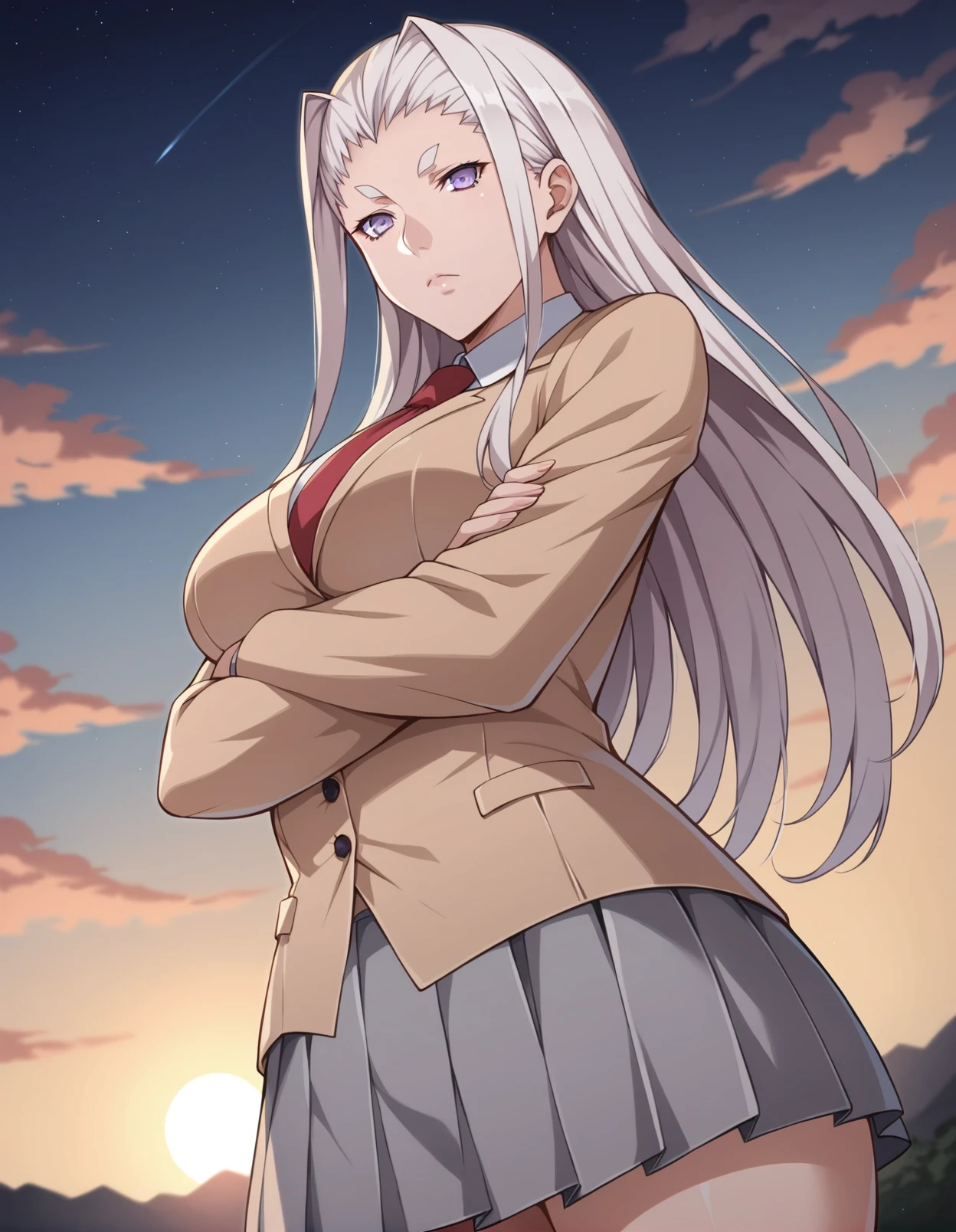 score_9, score_8_up, score_7_up, source_anime, rating_safe, BREAK <lora:himiko_XL-Pony_LoRA-C3Lier_8-8-8-8_AdamW_Un3e-4_Te1.5e-4_10batch:1>, himiko, 1girl, white hair, long hair, thick eyebrows, purple eyes, large breasts, school uniform, beige jacket, red necktie, pleated skirt, grey skirt, standing, cowboy shot, crossed arms, expressionless, closed mouth, looking at viewer, from below, dutch angle, sunset, gradient sky, night sky, horizon, cloud