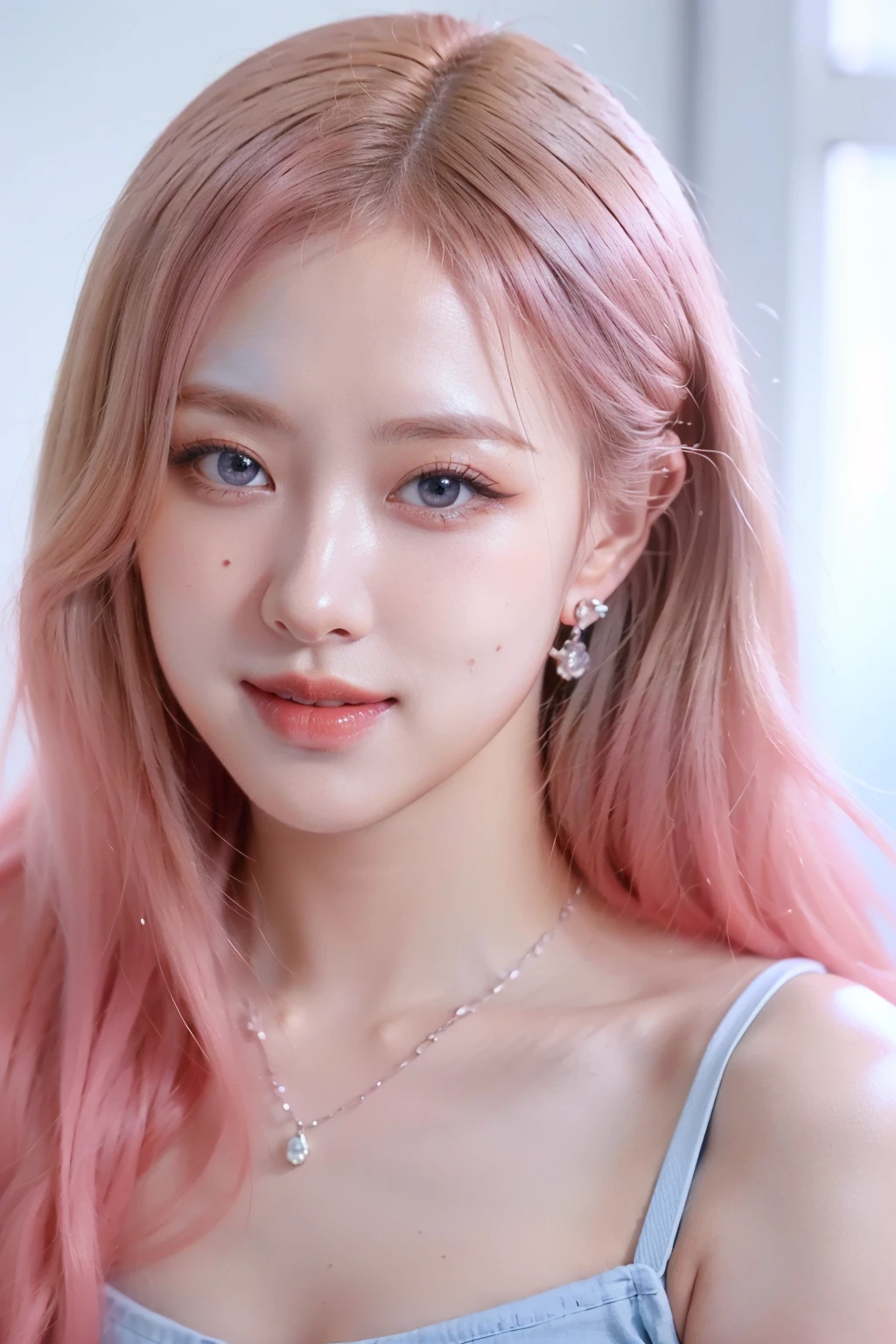 a female with long hair in pink,in the style of eye-catching resin jewelry,dark brown and light blue,warmcore,celebrity image mashups,smilecore,stanley pinker,<lora:Rosé-02:0.9>,Rosé,