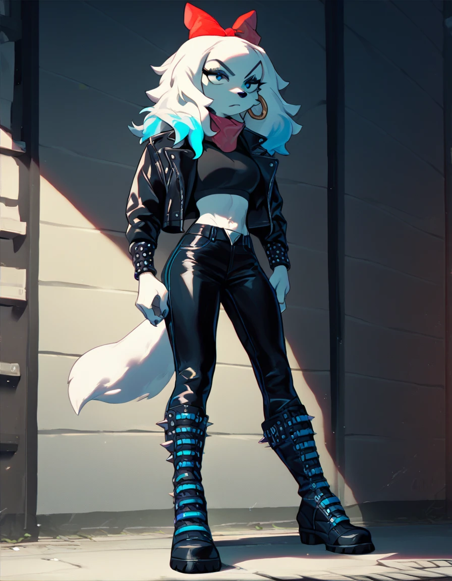 score_9, score_8_up, score_7_up, score_6_up, score_5_up, score_4_up,  <lora:Fay_Sinclair:0.8> fay sinclair, source_furry, source_cartoon, leather jacket, fishnets, black shorts, spiked boots, black boots, ear piercing, blue highlights,