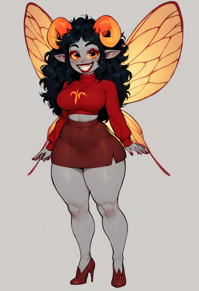 score_9,score_8_up,score_7_up, score_6_up, Aradia Megido, sheep horns, grey skin, long black hair, fluffy hair, yellow sclera, red irises, red sweater, red skirt, smile, grin, huge smile, red eyelashes, full body, voluptuous, ((fairy wings, red fairy wings, large wings))