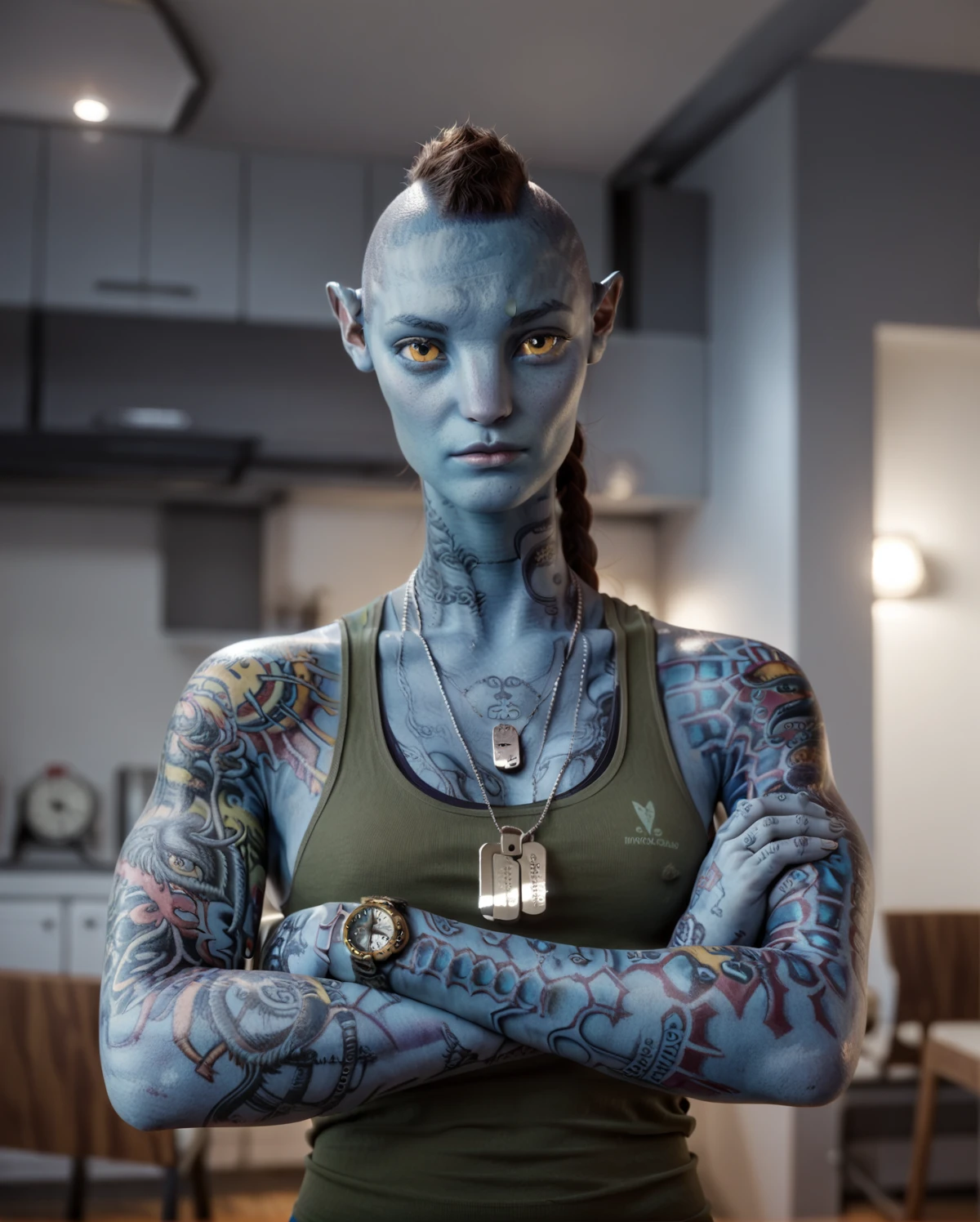 <lora:Zdinarsk_Z-Dog:0.8> zdinarsk, arms crossed, looking at the viewer, blue skin, tattoos, side shaved hair, yellow eyes, closed mouth, dogtags, regatta, braid, watch, score_9, score_8_up, score_7_up, score_6_up, score_5_up, score_4_up