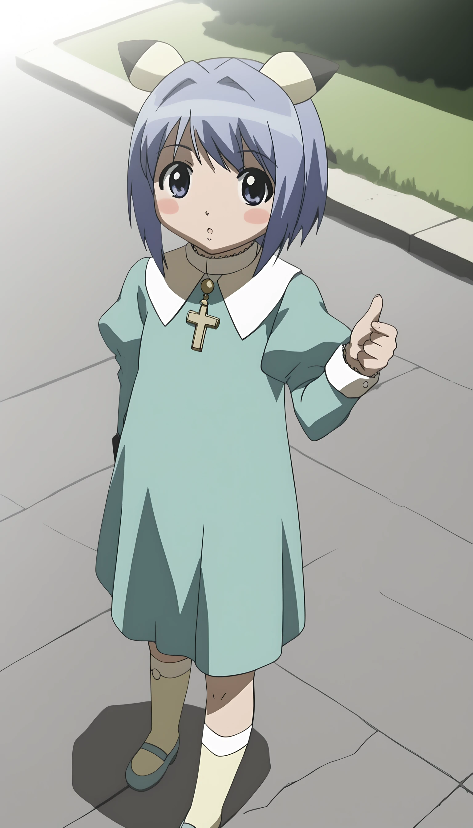 score_9, source_anime BREAK, oldest, anime screencap, outdoors, school yard, day, sunlight, <lora:Fuyuno Yoshikawa(pony)-11:1>FuyunoYoshikawa, short hair, blue hair, animal ears, pikachu, hair ornament, hair intakes, blush stickers,
dress, turquoise dress, long sleeves, puffy sleeves, capelet, chibi, looking at viewer, cross, latin cross, pendant, medallion, buttons,