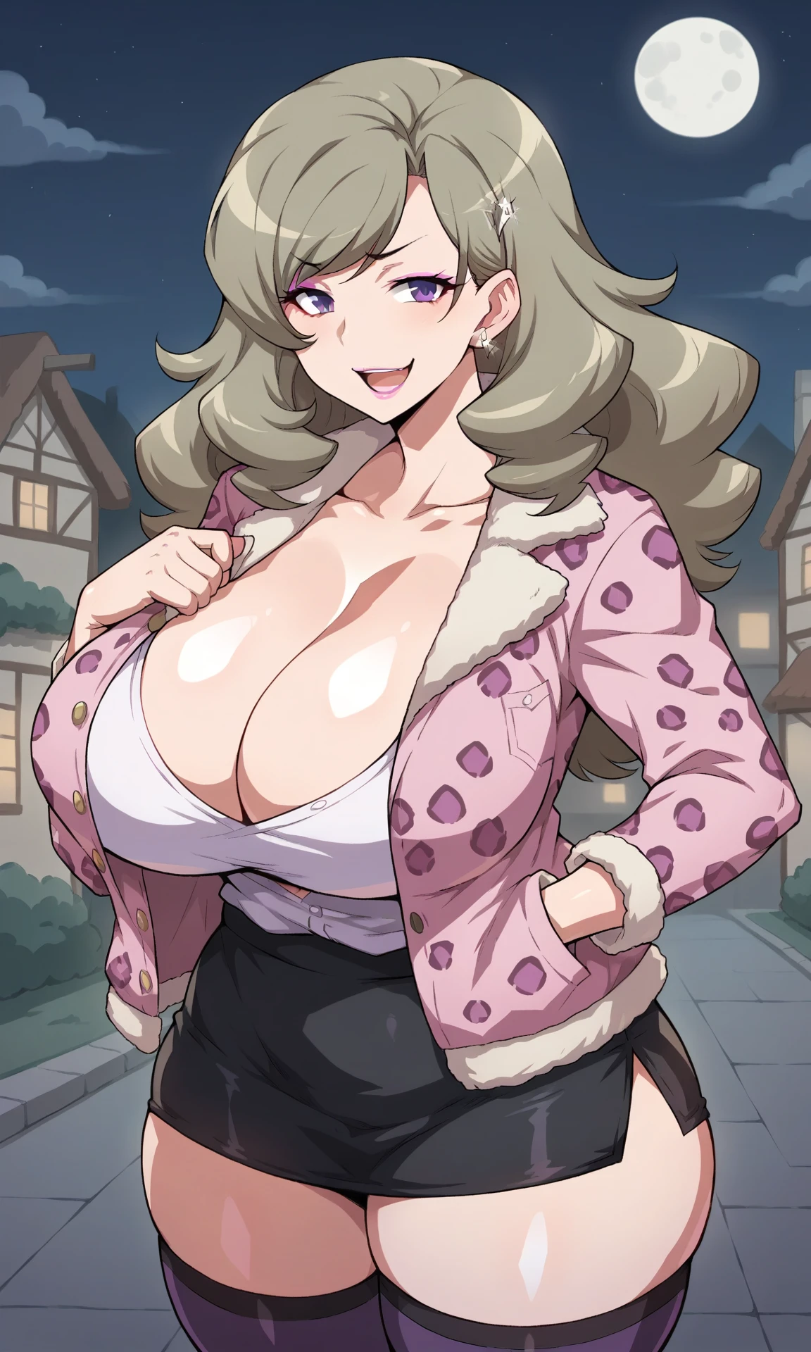 Score_9, score_8_up, BREAK
1girl, solo, bitchko, grayish green hair, wavy hair, side swept bangs, sidelocks, purple eyes, pink eyeshadow, long hair, pink lipstick, (huge breasts:1.3), (wide hips, thick thighs), earrings, jewellery, leopard jacket, cleavage, black skirt, miniskirt, black thighhighs, fur trimmed jacket, smile, open mouth, smug, standing, cowboy shot, looking at viewer, town, night time, moon,