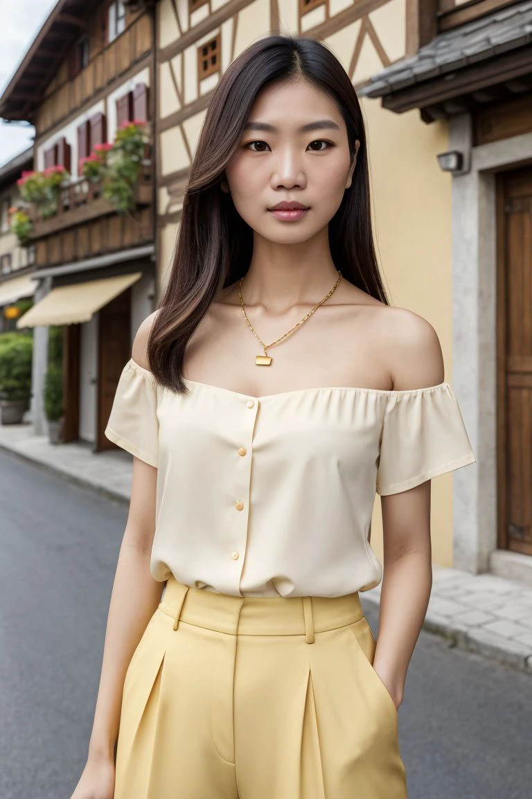 Asian woman, closeup, (shirt), pants, (swiss village streetview), gold necklace , KM_chantana, wide shoulders, perfect face, (contact iris: 1.1), pale skin, skin pores , depth of field