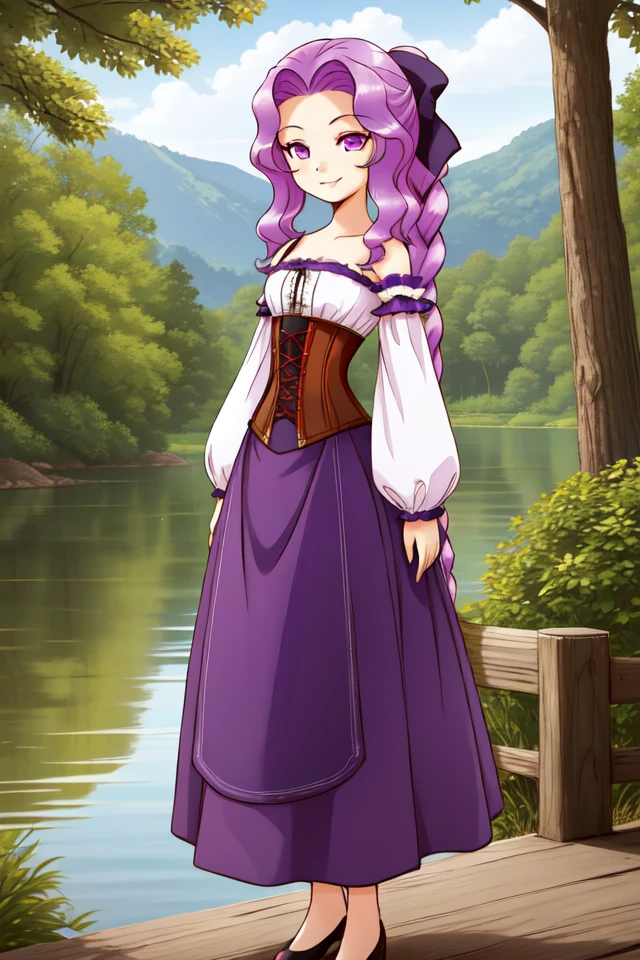 1 girl, outdoors, forest, lake, standing, smile,
 <lora:Harvest_Moon_Hero_of_Leaf_Valley_-_Marina:0.5> holvmarina, purple hair, long hair, wavy hair, braided ponytail, purple eyes,
hair bow, corset, detached sleeves, bare shoulders, long skirt, purple skirt,