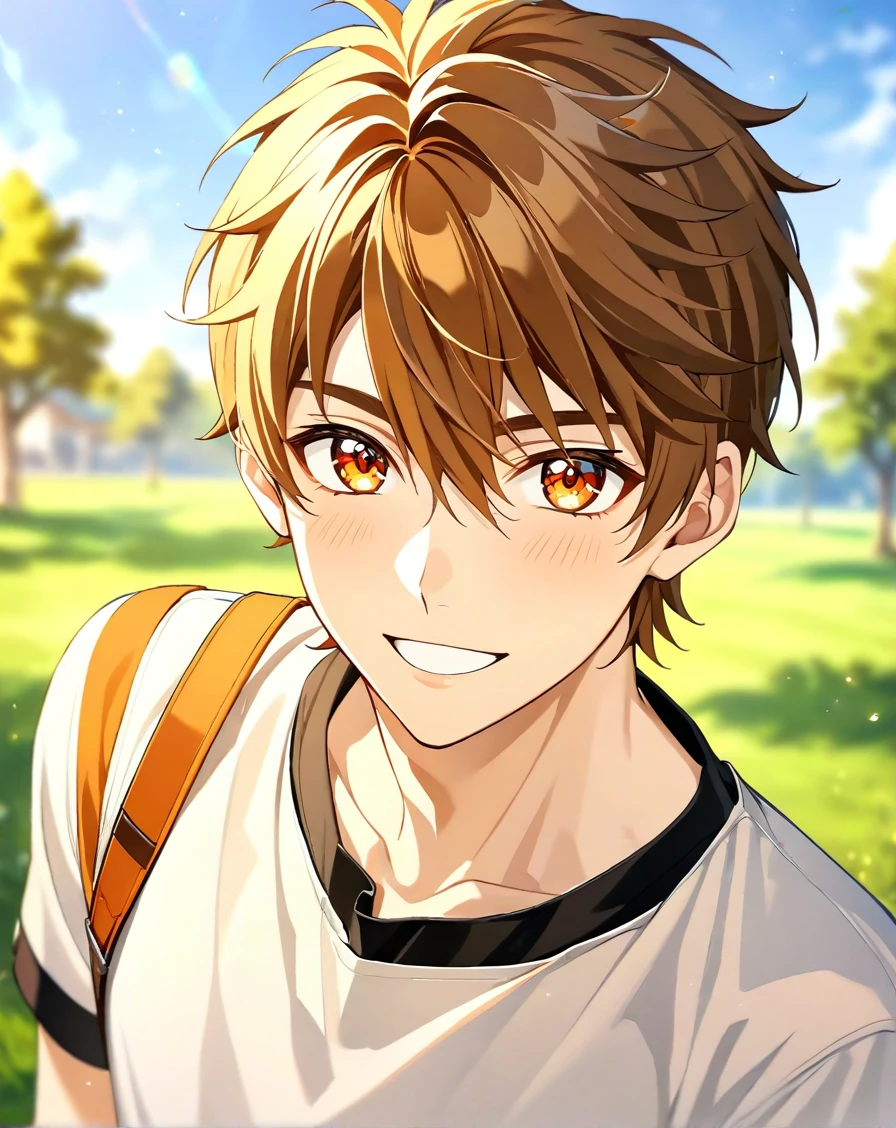 masterpiece, best quality, very aesthetic, absurdres, very detailed, depth of field, ((1boy, solo, male only, male focus, upperbody)), (luke_pearce, 1boy, brown hair, amber eyes, short hair, hair between eyes, bangs), happy, looking at viewer, facing viewer, collarbone, outdoors, <lora:luke_sdxl_lora:0.74>, <lora:Lightning-8:1>