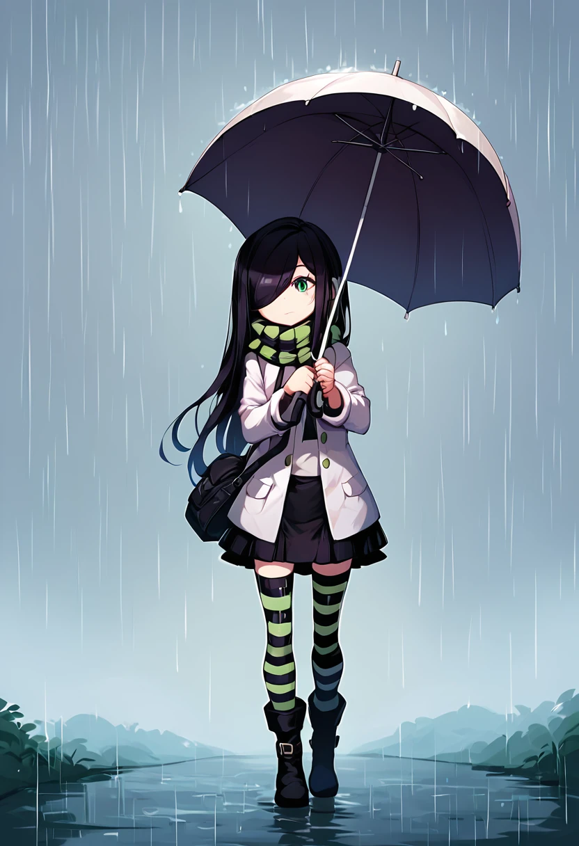 score_9, score_8_up, score_7_up, <lora:Aria_Wintermint:1>, black hair, long hair, hair over one eye,   green eyes,  striped scarf, striped thighhighs, black skirt, 1girl, full body, white coat, boots, outside, raining, holding umbrella,  umbrella,