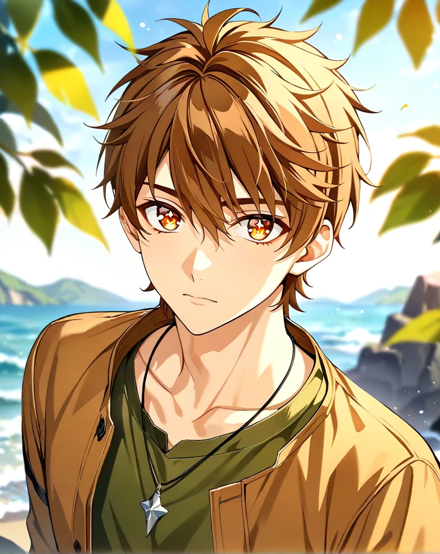 masterpiece, best quality, very aesthetic, absurdres, very detailed, depth of field, ((1boy, solo, male only, male focus, upperbody)), (luke_pearce, 1boy, brown hair, amber eyes, short hair, hair between eyes, bangs), symbol-shaped pupils, star-shaped pupils, looking at viewer, facing viewer, green shirt, brown jacket, pendant, collarbone, outdoors, <lora:luke_sdxl_lora:0.74>, <lora:Lightning-8:1>