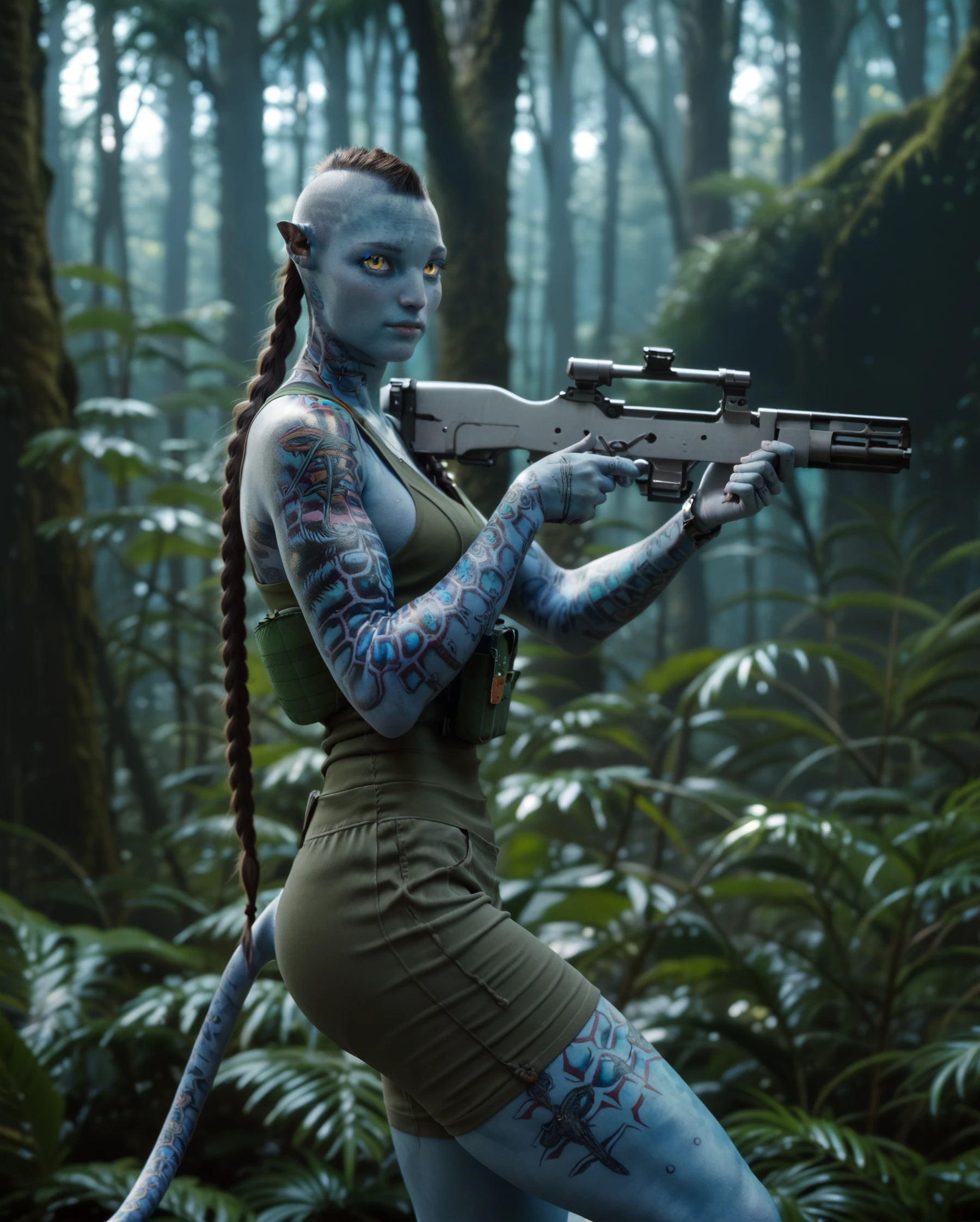 <lora:Zdinarsk_Z-Dog:0.9> zdinarsk, looking at the viewer, blue skin, tattoos, side shaved hair, yellow eyes, closed mouth, regatta, long braid, holding a assalt rifle, side view, tail, forest background, shorts, thighs, tall woman, score_9, score_8_up, score_7_up, score_6_up, score_5_up, score_4_up