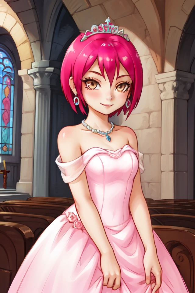 1 girl, indoors, church, smiling,
 <lora:Harvest_Moon_Hero_of_Leaf_Valley_-_Aurelia:0.5> holvaurelia, pink hair, short hair, brown eyes,
tiara, earrings, necklace, pink dress, wedding dress, sleeveless dress, bare shoulders,