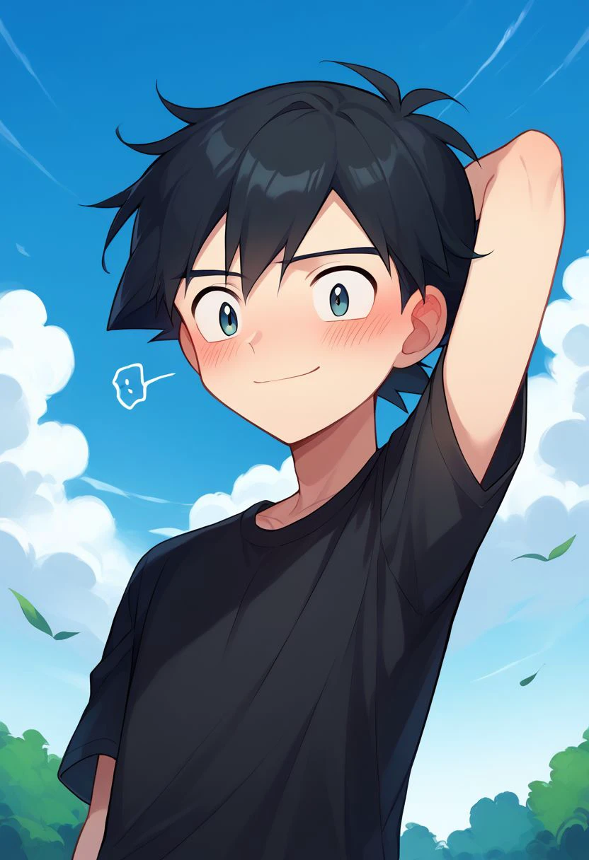 score_9, score_8_up, source_anime, highly detailed, 1boy, solo, skinny
ash3, 1boy, male focus, black hair, day, shirt, black shirt, short sleeves, sky, blush, embarassed, smile, one hand behind head,
outdoor,