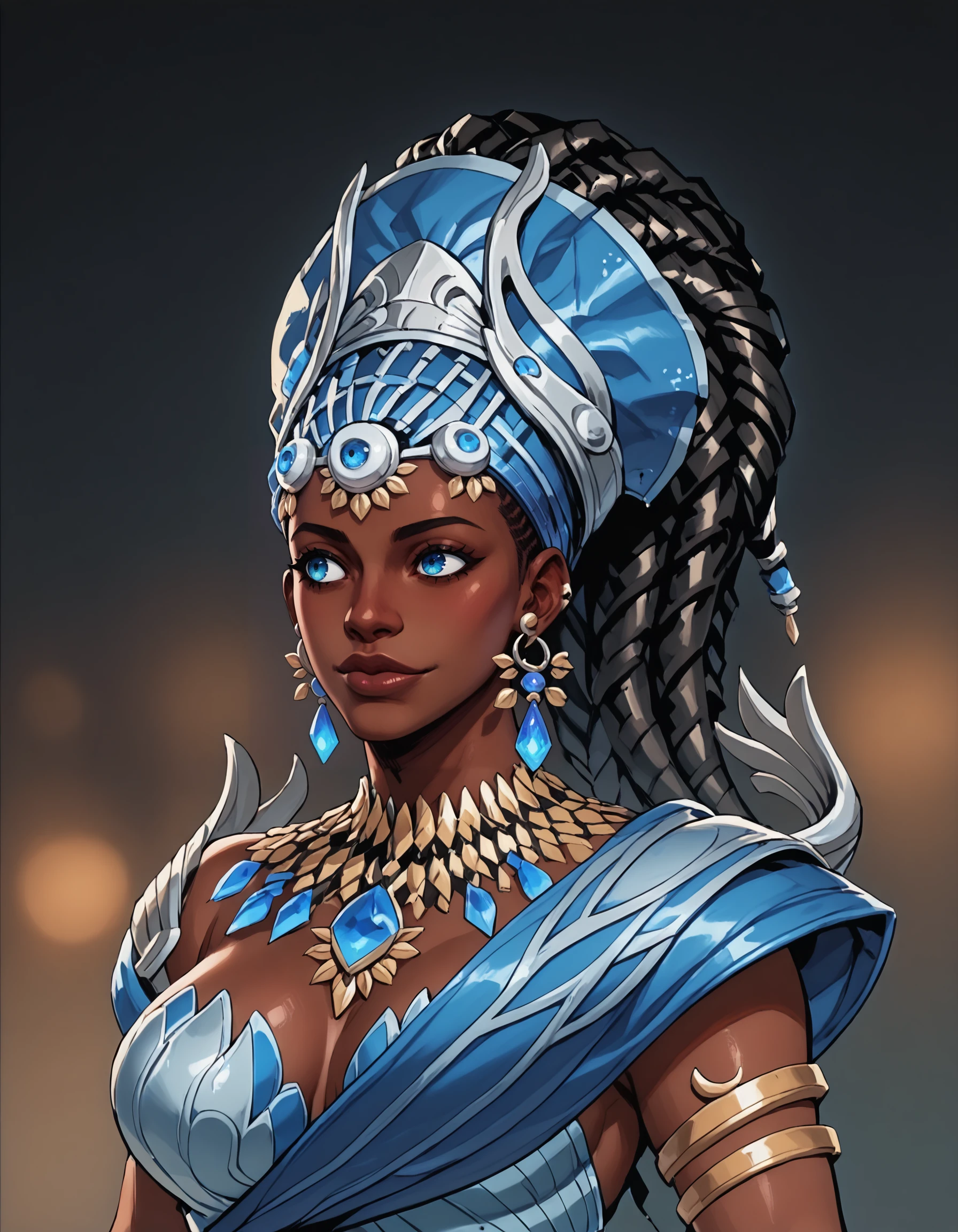 score_9, score_8_up, score_7_up, score_6_up, YemojaSmite, headdress, (looking ahead, upper body),
1girl, solo, long hair, blue eyes, dark skin, dark-skinned female, (very dark skin), large breasts, thick hips, (dreadlocks), ponytail,
dress, necklace, jewelry, earrings, tear drop earrings, simple background, blurred background,
<lora:Yemoja_Pony_Test_2:0.8>, <lora:Skin Color_alpha1.0_rank4_noxattn_250steps:1.8>