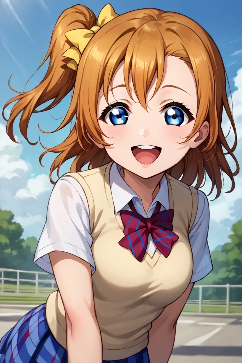 score_9, score_8_up, score_7_up, source_anime BREAK 1girl, solo, lovelive_honoka, school uniform, sweater vest, short sleeves, plaid skirt, one side up, yellow hair bow, red bowtie, medium hair, brown hair, blue eyes, looking at you, smile, open mouth, <lora:lovelive_honoka:1>