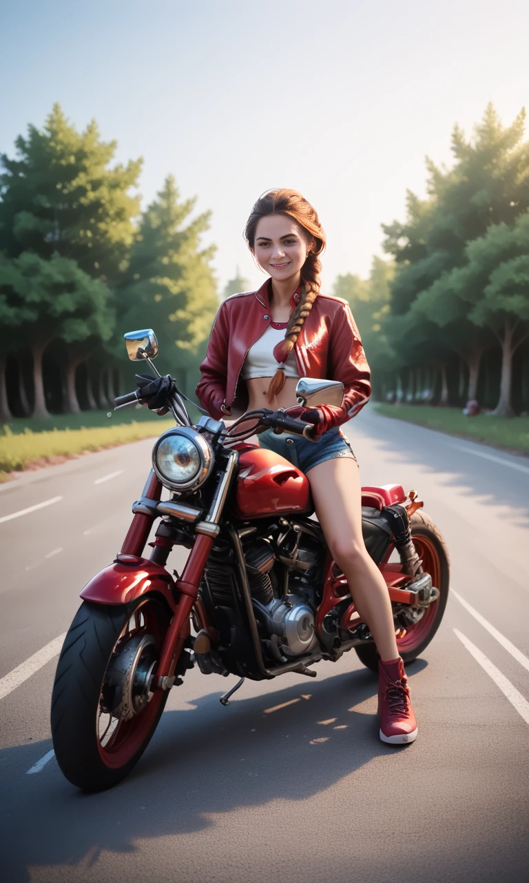 score_9, score_8_up, score_7_up, score_6_up, score_5_up, score_4_up,  sitastmo, (front  view)++++ , slim girl sitting on red  motorcycle , hotpants and top  ,  a braided ponytail 
 <lora:SitAstrideMotorCyclePony:1>